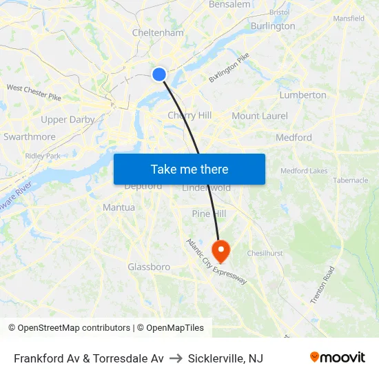 Frankford Av & Torresdale Av to Sicklerville, NJ map