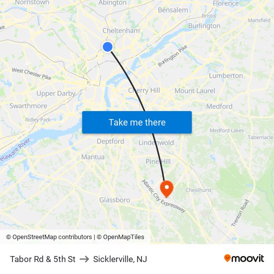 Tabor Rd & 5th St to Sicklerville, NJ map