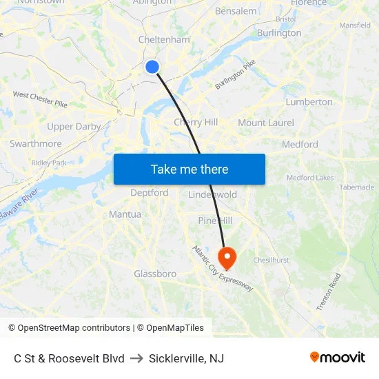 C St & Roosevelt Blvd to Sicklerville, NJ map