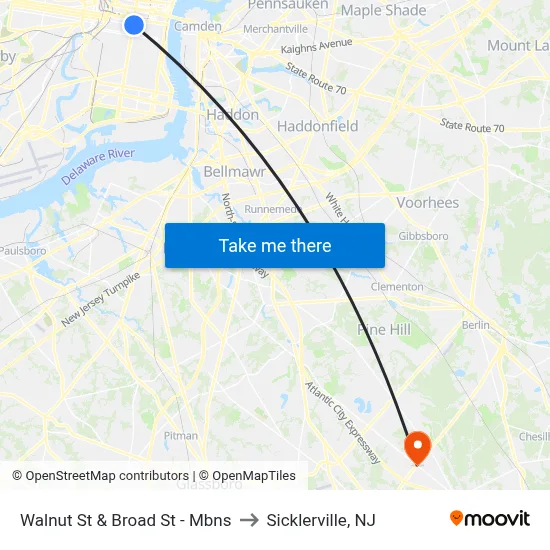 Walnut St & Broad St - Mbns to Sicklerville, NJ map