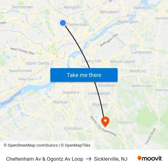 Cheltenham Av & Ogontz Av Loop to Sicklerville, NJ map