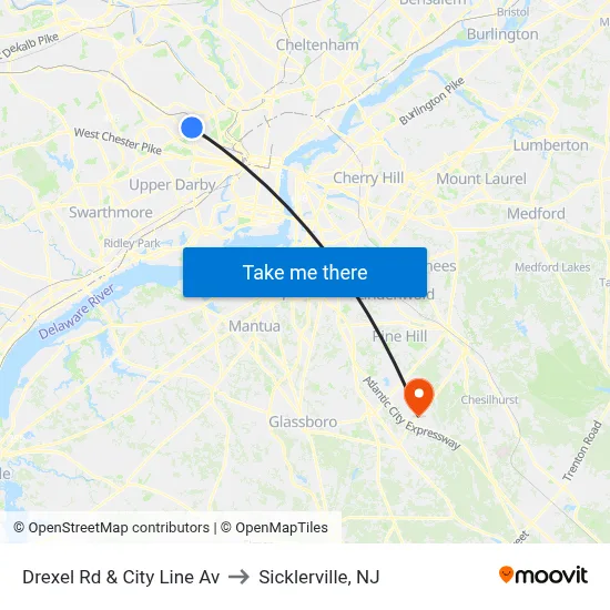 Drexel Rd & City Line Av to Sicklerville, NJ map