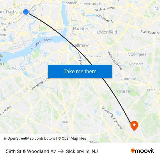 58th St & Woodland Av to Sicklerville, NJ map