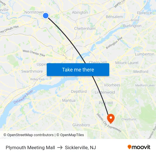 Plymouth Meeting Mall to Sicklerville, NJ map