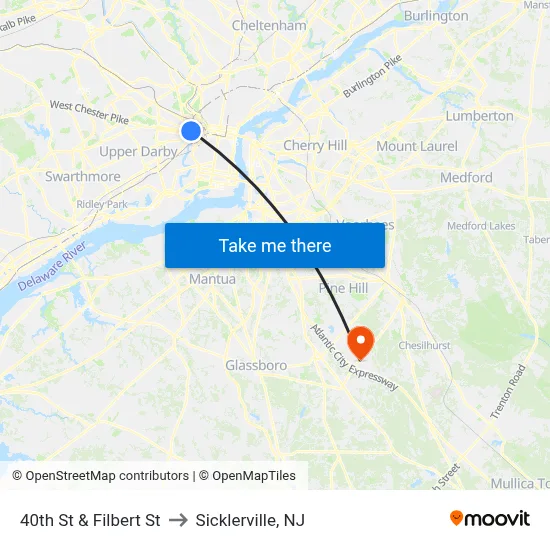 40th St & Filbert St to Sicklerville, NJ map