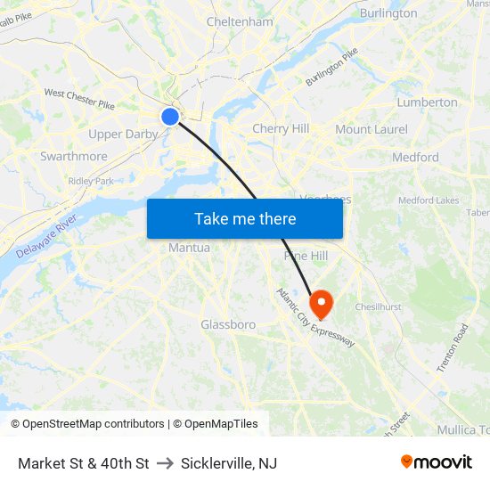 Market St & 40th St to Sicklerville, NJ map