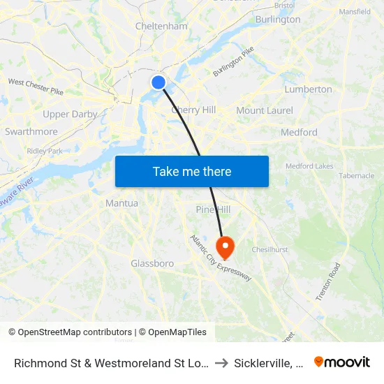 Richmond St & Westmoreland St Loop to Sicklerville, NJ map