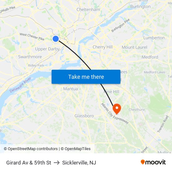 Girard Av & 59th St to Sicklerville, NJ map