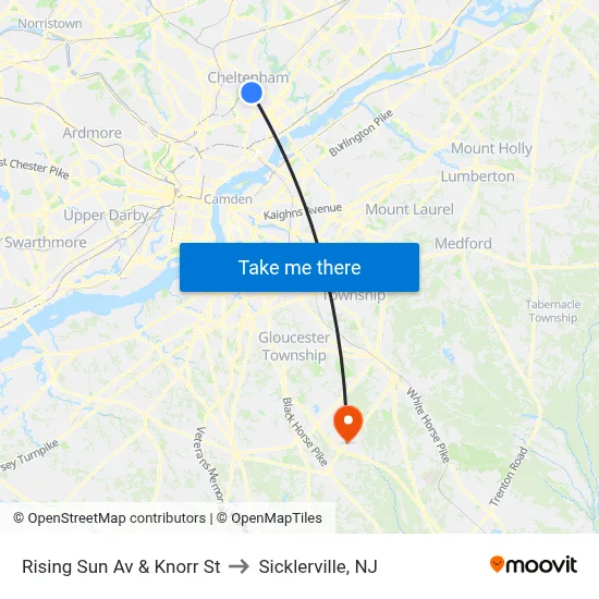 Rising Sun Av & Knorr St to Sicklerville, NJ map