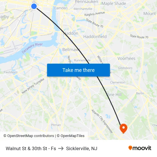 Walnut St & 30th St - Fs to Sicklerville, NJ map