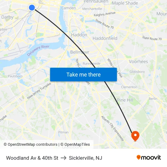 Woodland Av & 40th St to Sicklerville, NJ map