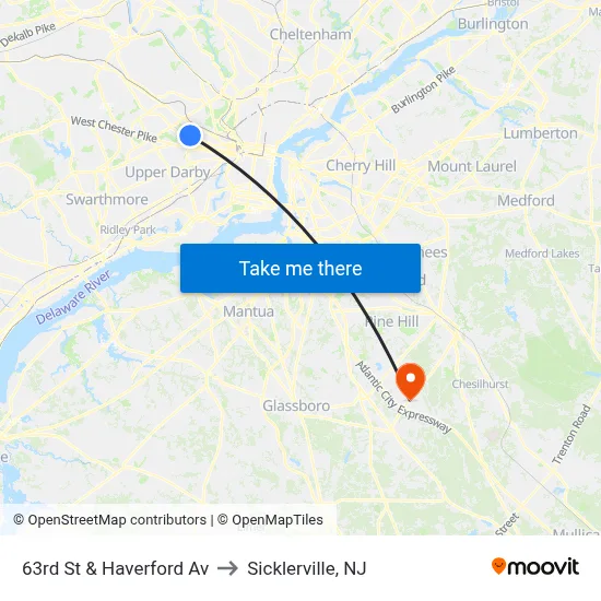 63rd St & Haverford Av to Sicklerville, NJ map
