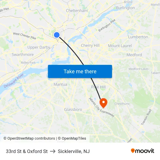33rd St & Oxford St to Sicklerville, NJ map