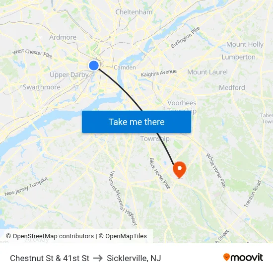 Chestnut St & 41st St to Sicklerville, NJ map