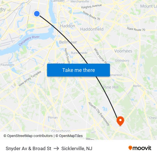 Snyder Av & Broad St to Sicklerville, NJ map