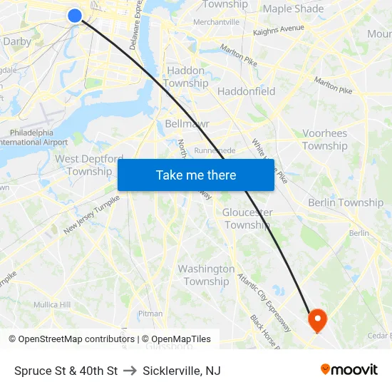 Spruce St & 40th St to Sicklerville, NJ map