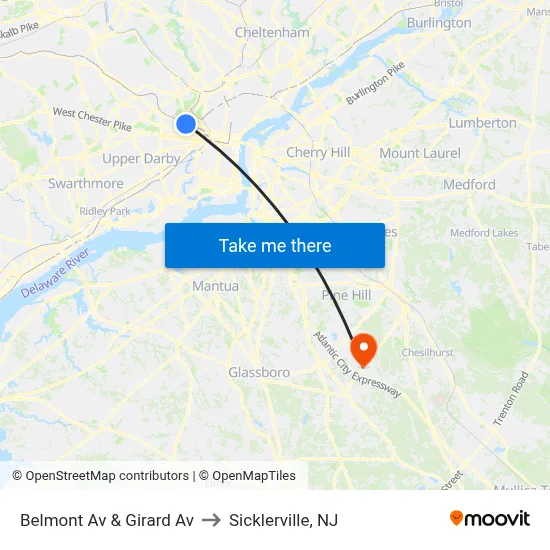Belmont Av & Girard Av to Sicklerville, NJ map