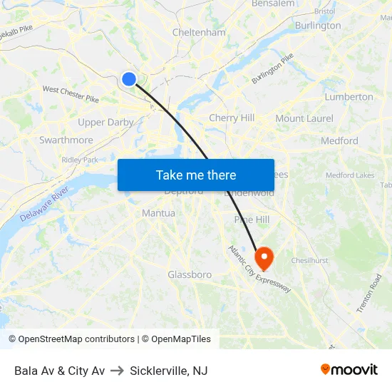 Bala Av & City Av to Sicklerville, NJ map