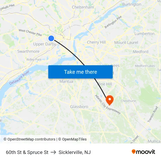 60th St & Spruce St to Sicklerville, NJ map