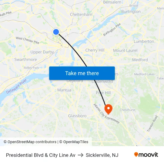 Presidential Blvd & City Line Av to Sicklerville, NJ map
