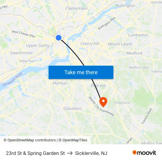 23rd St & Spring Garden St to Sicklerville, NJ map