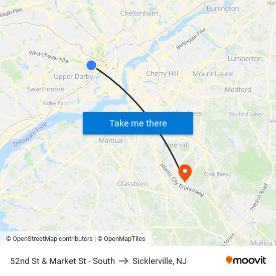 52nd St & Market St - South to Sicklerville, NJ map