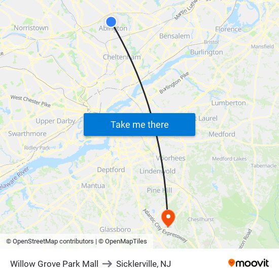 Willow Grove Park Mall to Sicklerville, NJ map