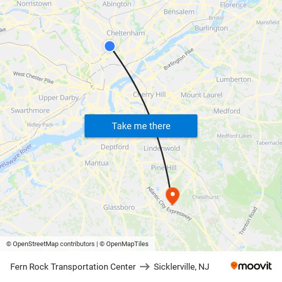 Fern Rock Transportation Center to Sicklerville, NJ map