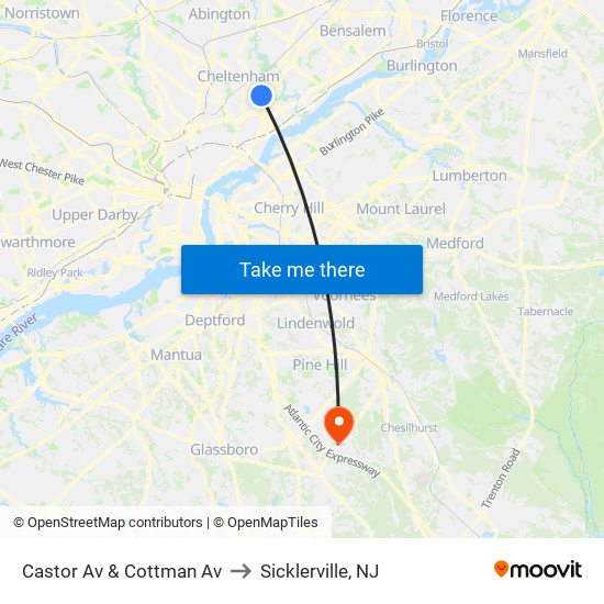 Castor Av & Cottman Av to Sicklerville, NJ map