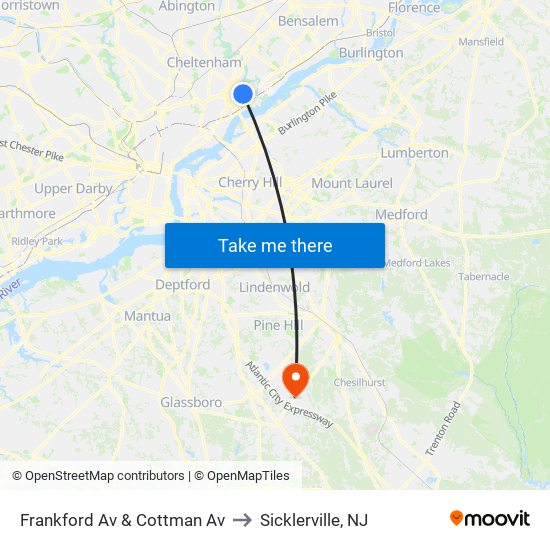 Frankford Av & Cottman Av to Sicklerville, NJ map