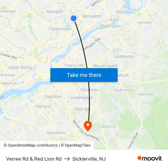 Verree Rd & Red Lion Rd to Sicklerville, NJ map