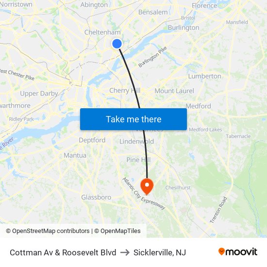 Cottman Av & Roosevelt Blvd to Sicklerville, NJ map