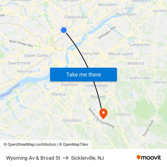 Wyoming Av & Broad St to Sicklerville, NJ map