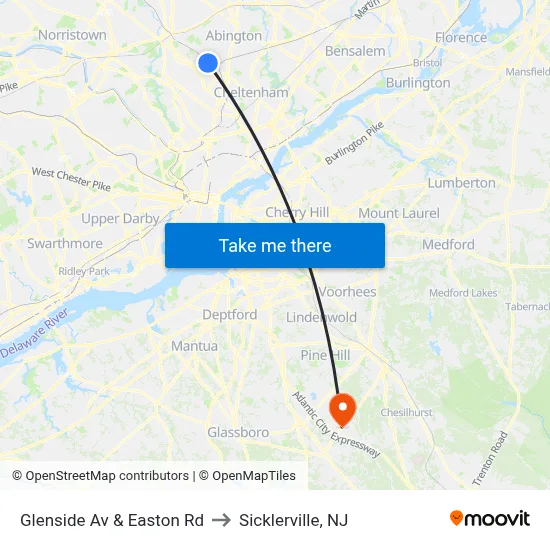 Glenside Av & Easton Rd to Sicklerville, NJ map