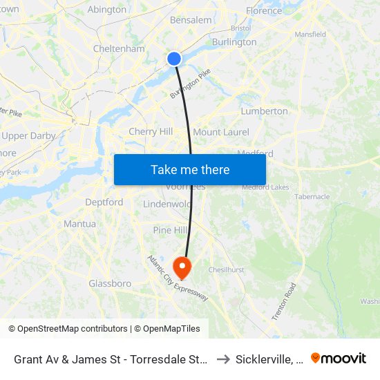 Grant Av & James St - Torresdale Station to Sicklerville, NJ map