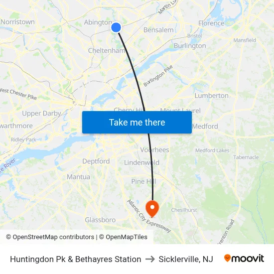 Huntingdon Pk & Bethayres Station to Sicklerville, NJ map