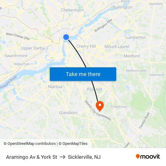 Aramingo Av & York St to Sicklerville, NJ map