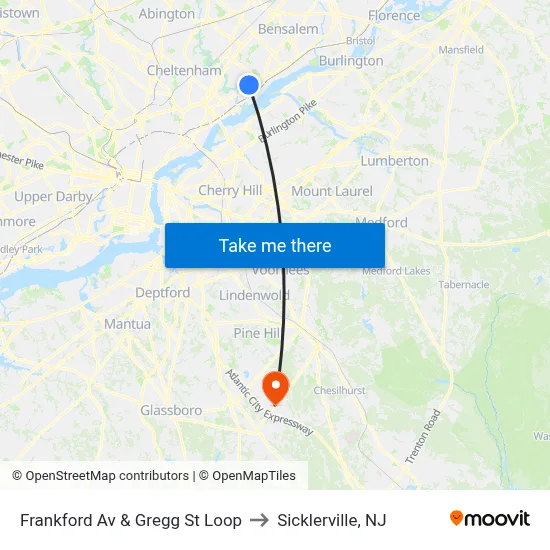 Frankford Av & Gregg St Loop to Sicklerville, NJ map