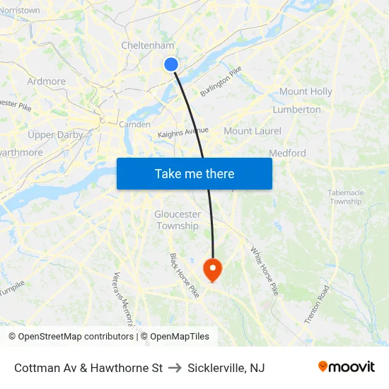 Cottman Av & Hawthorne St to Sicklerville, NJ map