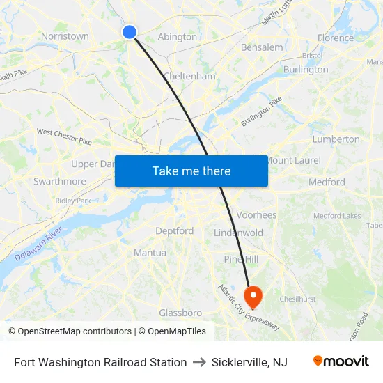 Fort Washington Railroad Station to Sicklerville, NJ map