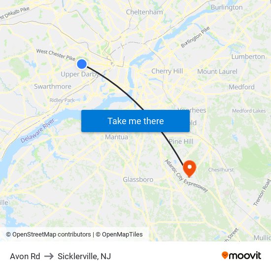 Avon Rd to Sicklerville, NJ map