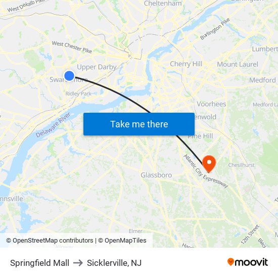 Springfield Mall to Sicklerville, NJ map