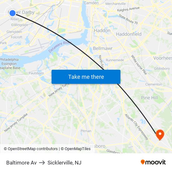 Baltimore Av to Sicklerville, NJ map