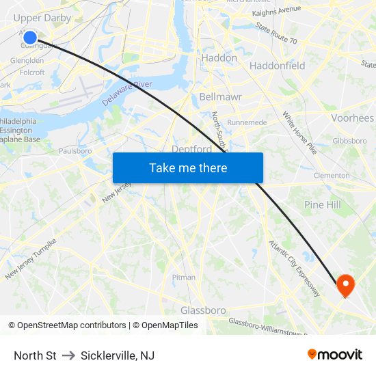 North St to Sicklerville, NJ map