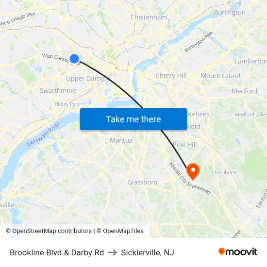Brookline Blvd & Darby Rd to Sicklerville, NJ map