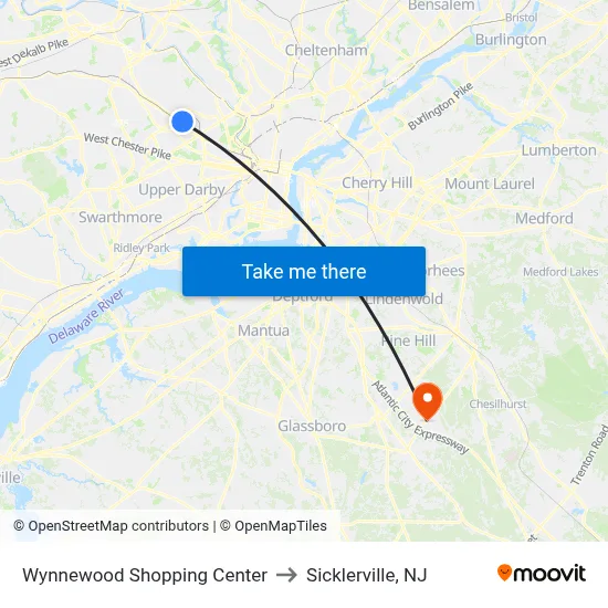 Wynnewood Shopping Center to Sicklerville, NJ map