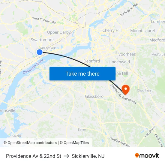 Providence Av & 22nd St to Sicklerville, NJ map
