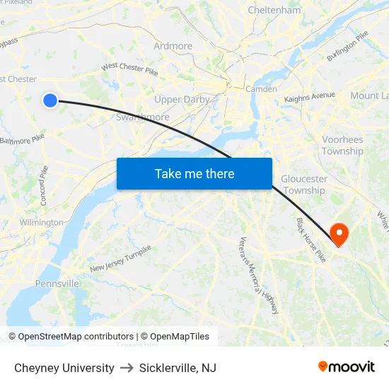 Cheyney University to Sicklerville, NJ map