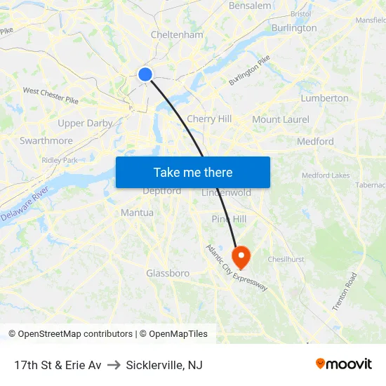17th St & Erie Av to Sicklerville, NJ map