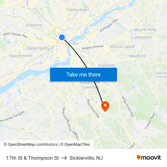 17th St & Thompson St to Sicklerville, NJ map